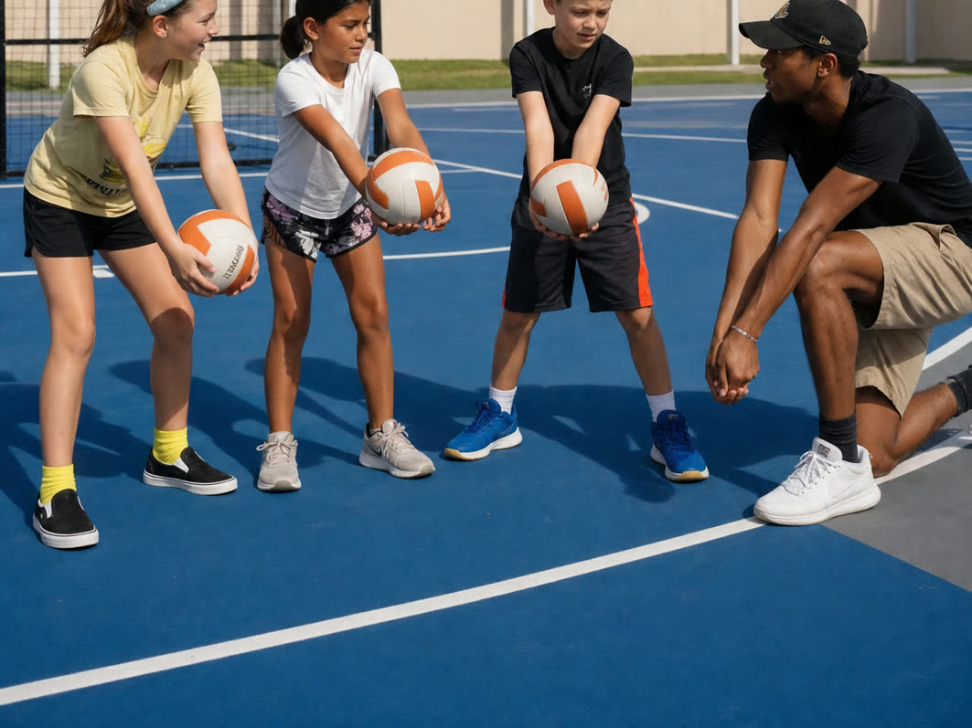 A coach teaching kids volleyball on a school court